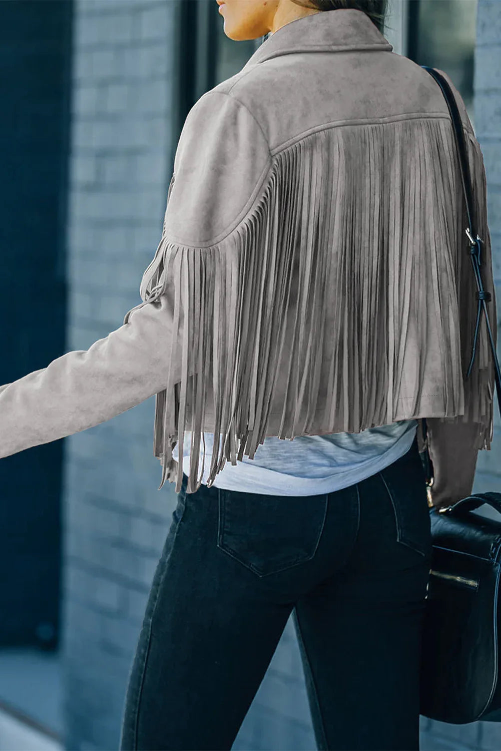 Cropped Fringed Faux Suede Jacket
