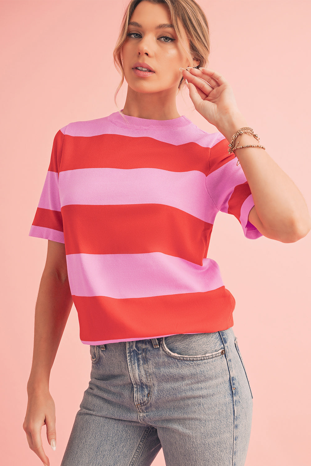 Striped Knitted T shirt Shewin Short Sleeve Sweaters