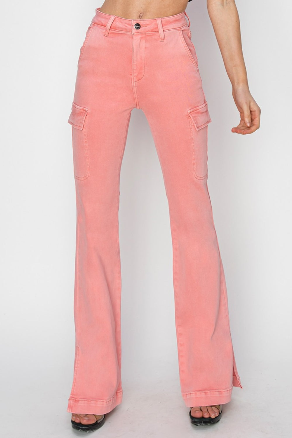 Pink High Rise Side Slit Cargo Bootcut Jeans