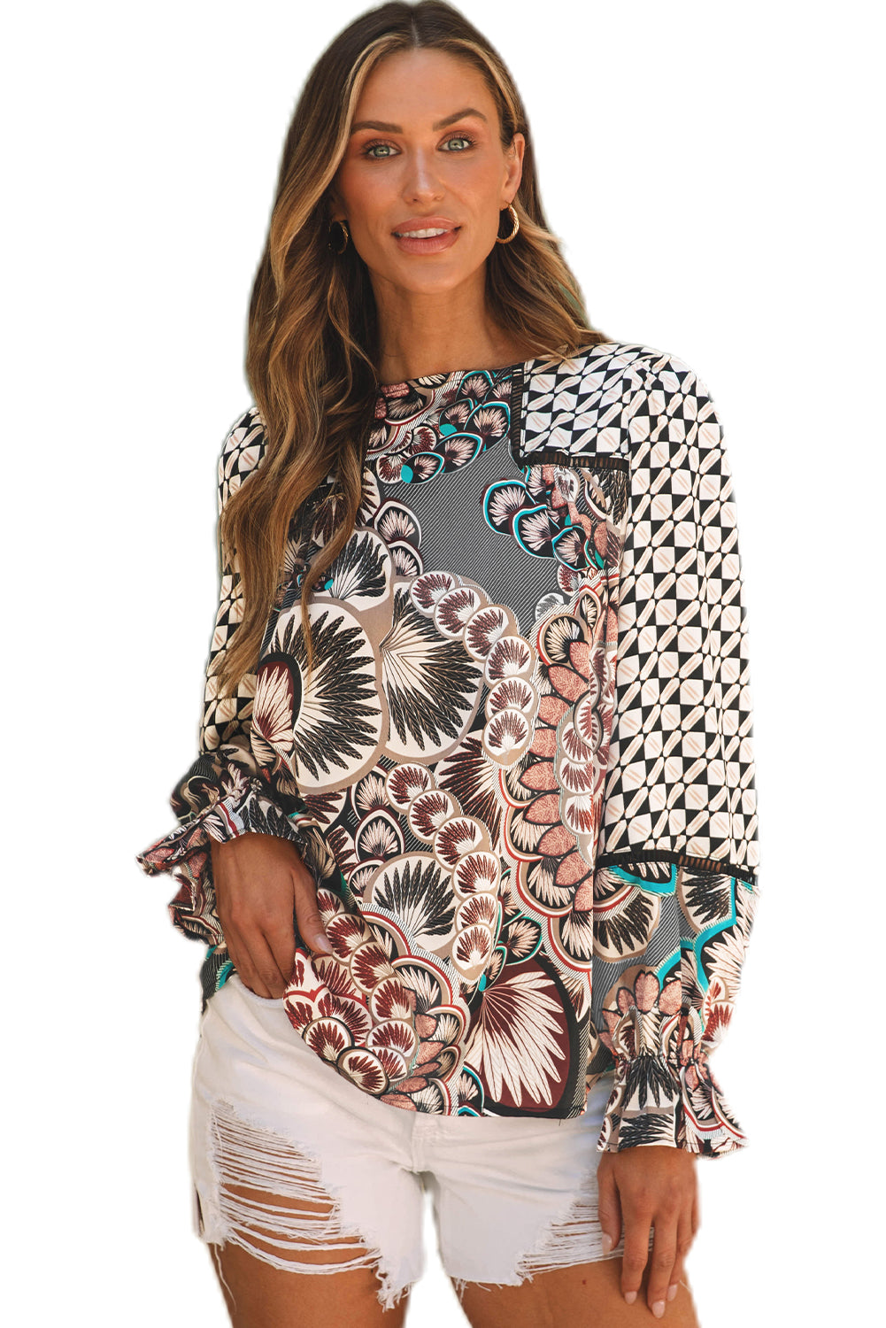 Mixed Print Long Sleeve Blouse