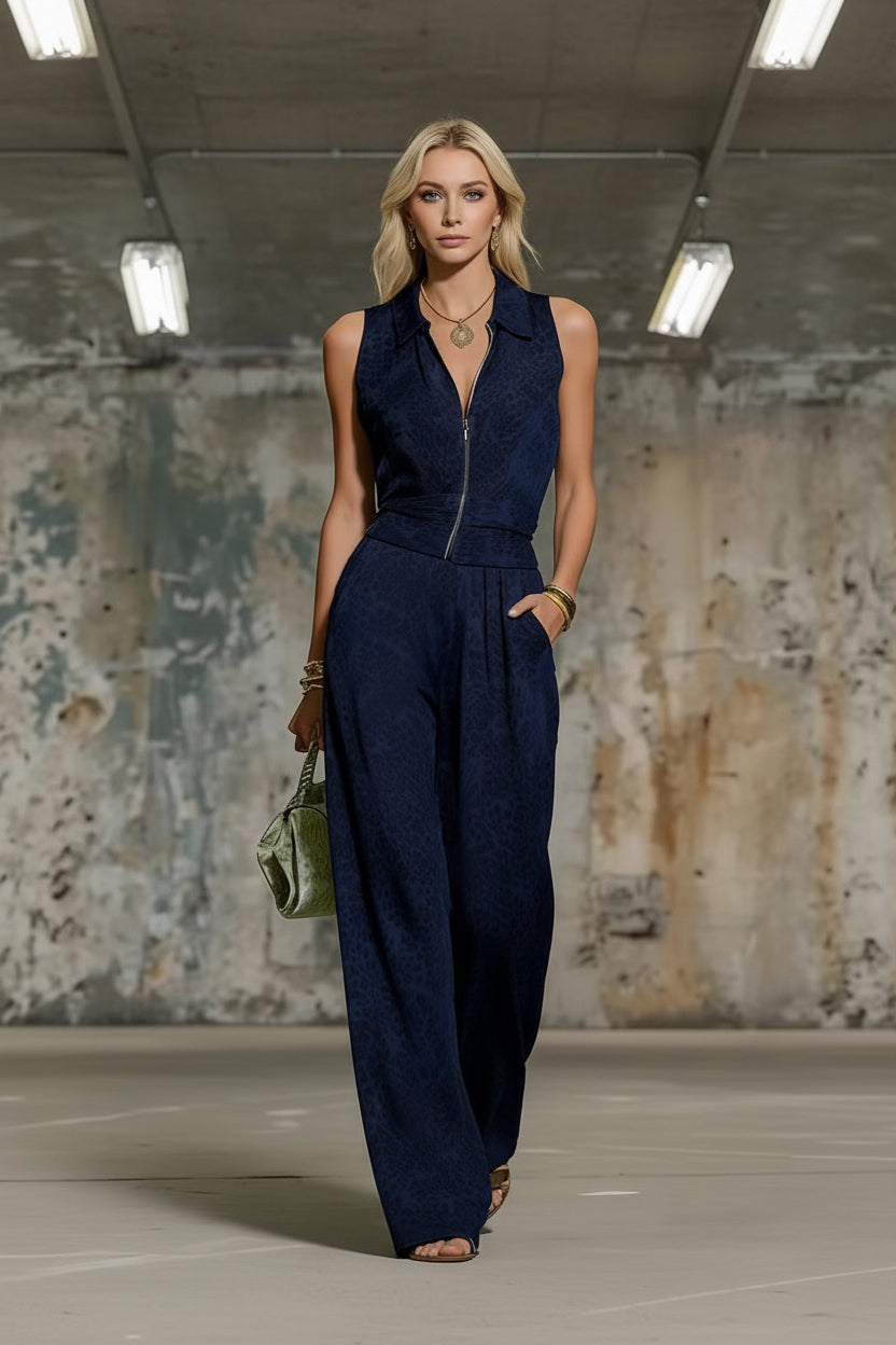 Cool Printed Zip-Up Sleeveless Top & Matching Wide Leg Pants Set CJ Dropshipping Solid Color Jumpsuit