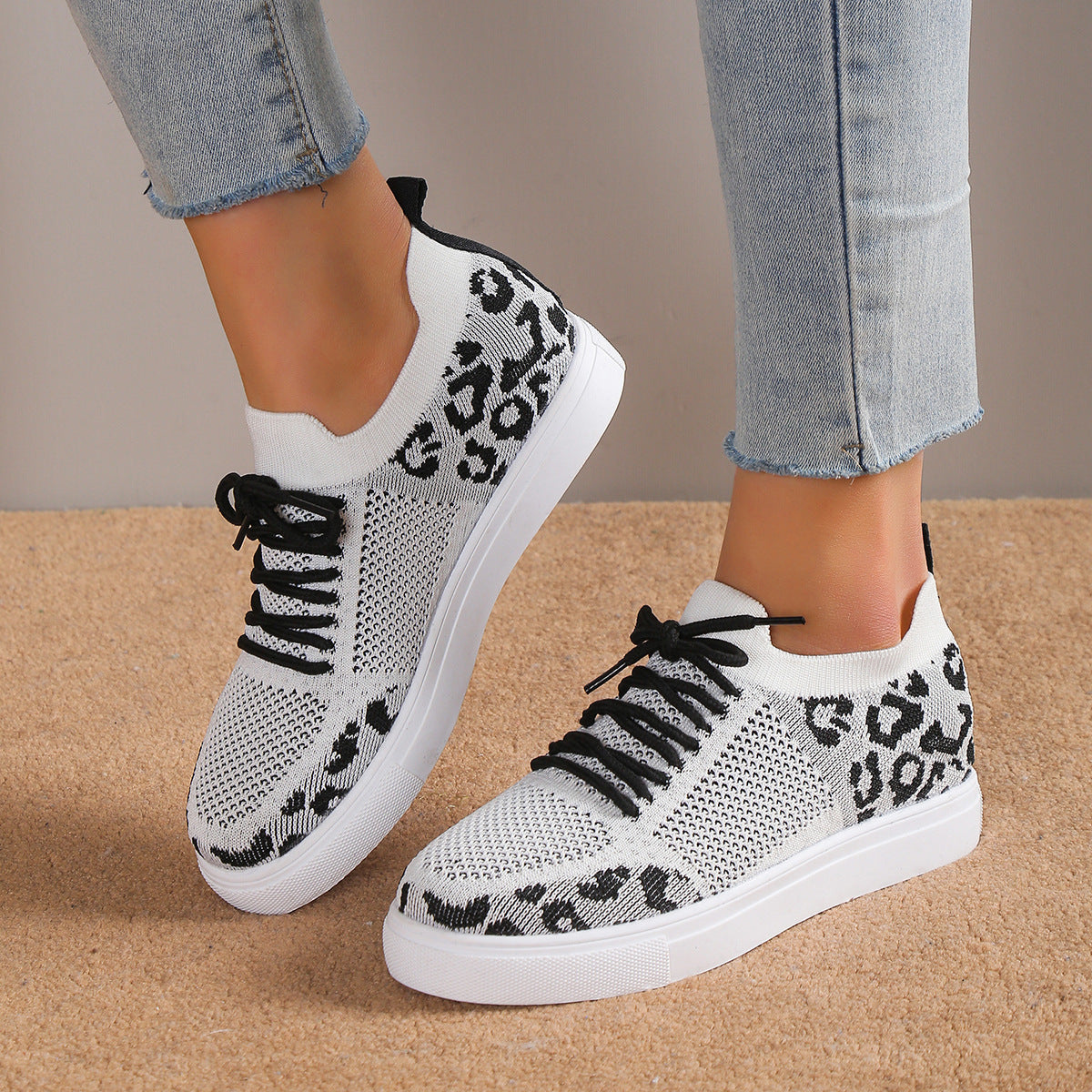 White and Black Leopard Flat Lace Up Sneakers