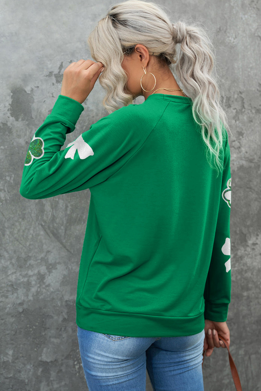 Green Sequin Bow Clover Pullover Sweatshirt