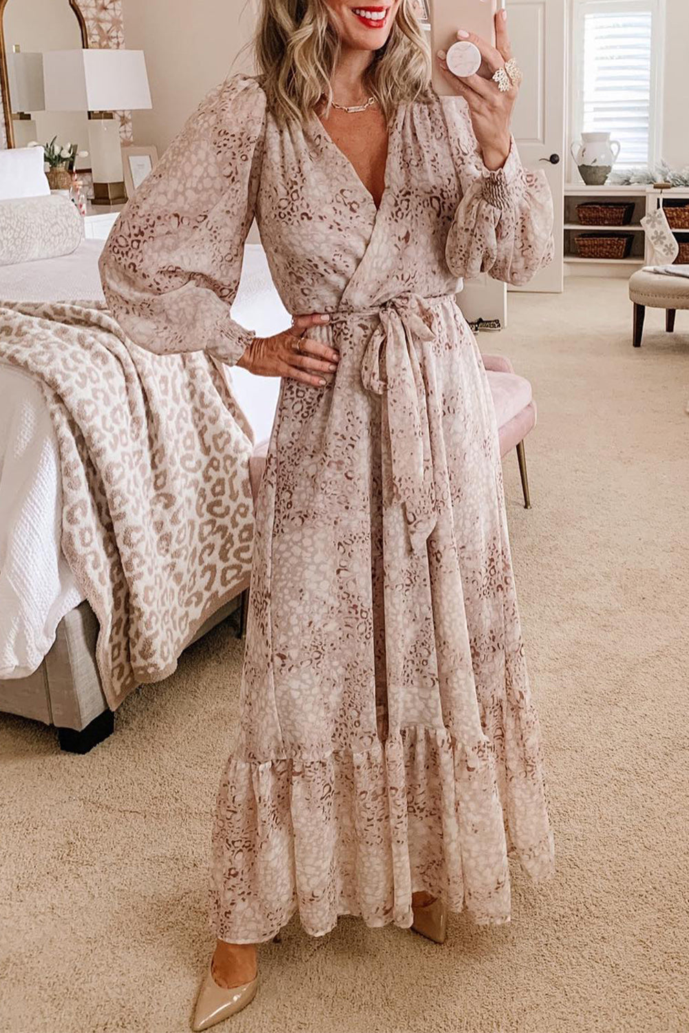 Leopard Long Sleeve Maxi Dress with Sash