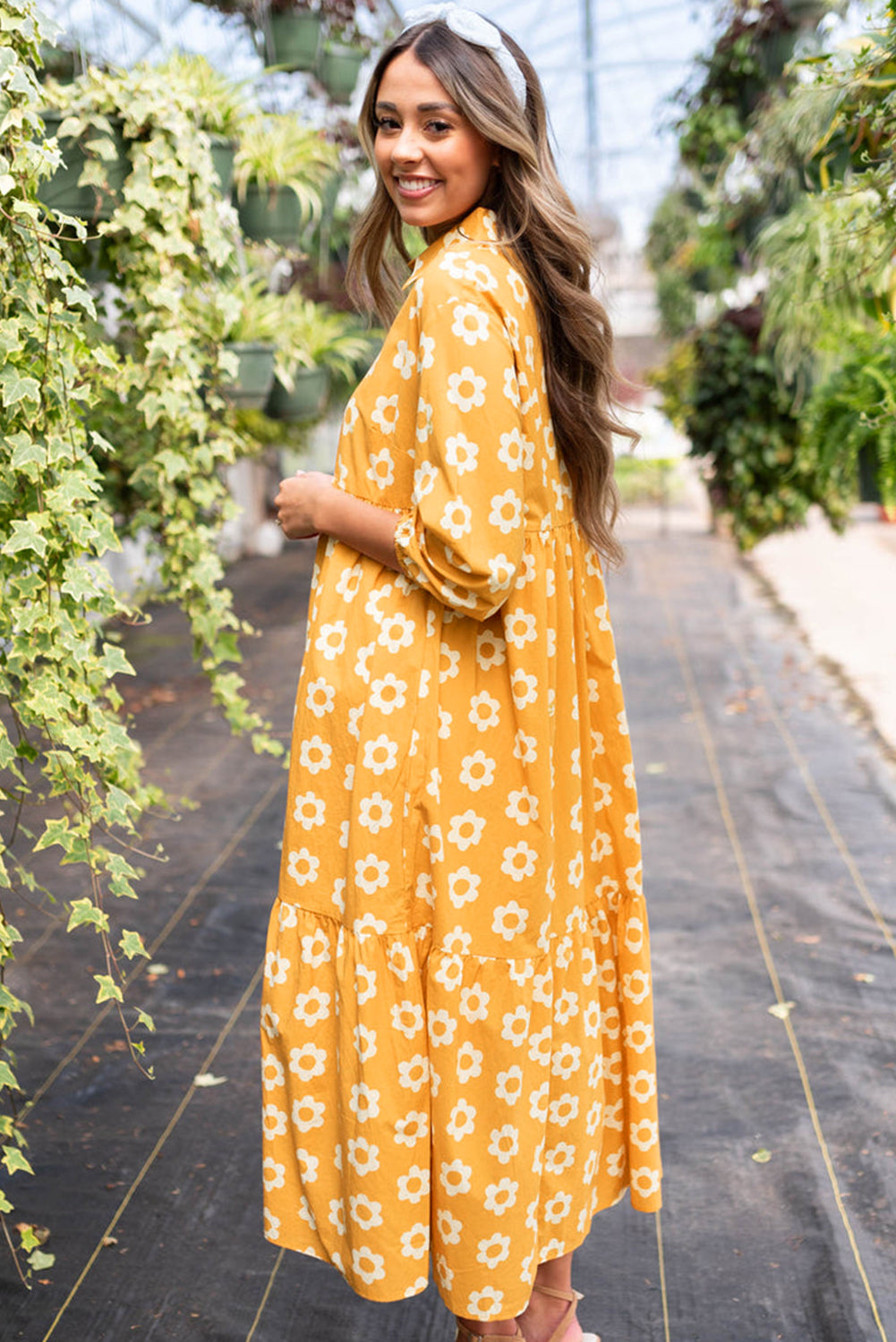 Yellow Flower 3/4 Sleeve Buttons Collared Maxi Dress