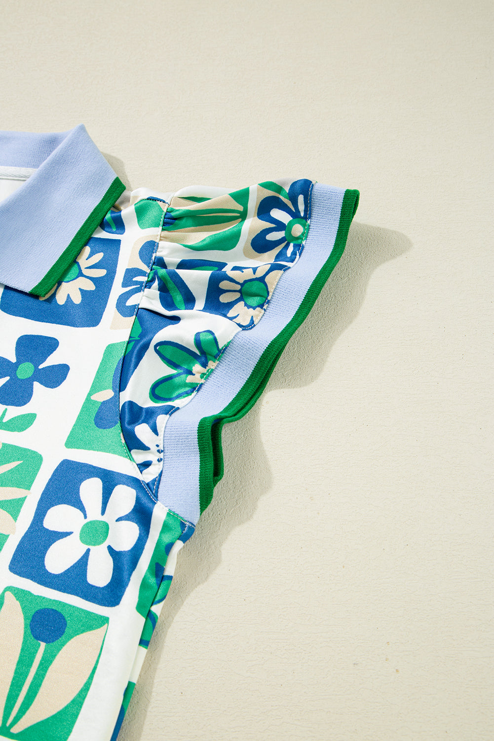 Green Floral Plaid Colorblock Flutter Sleeve Blouse Shewin Blouses