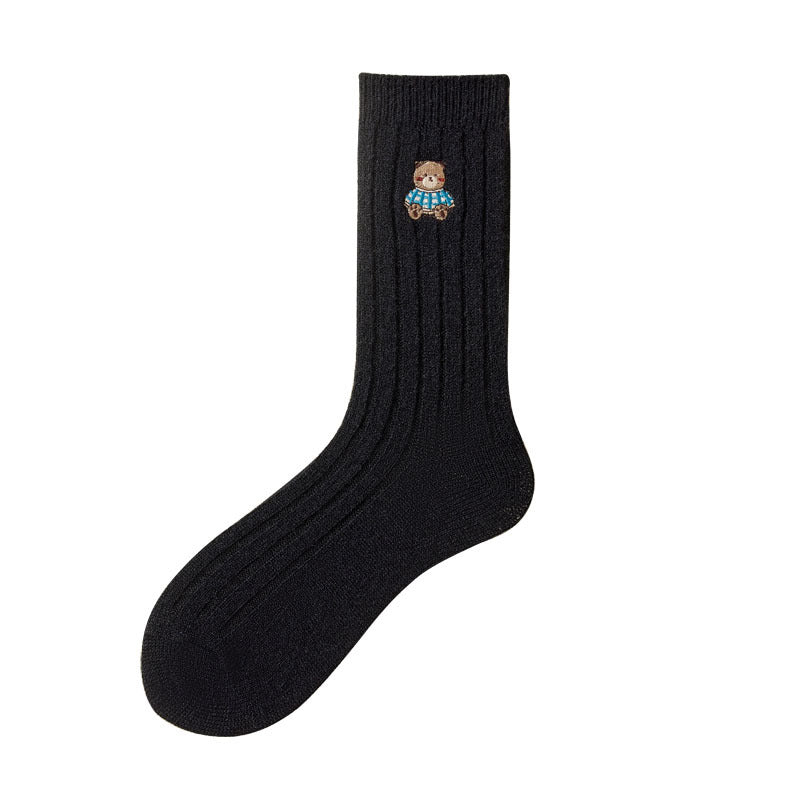 Women's Solid Color Embroidered Bear Socks