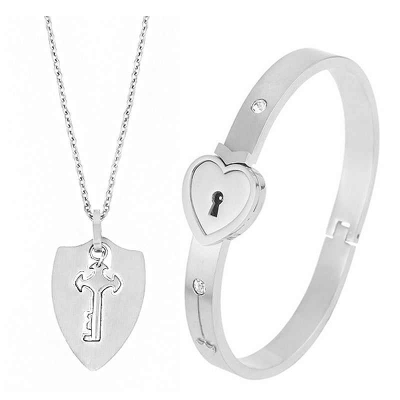 Couple's Love Lock Bracelet & Key Necklace Set