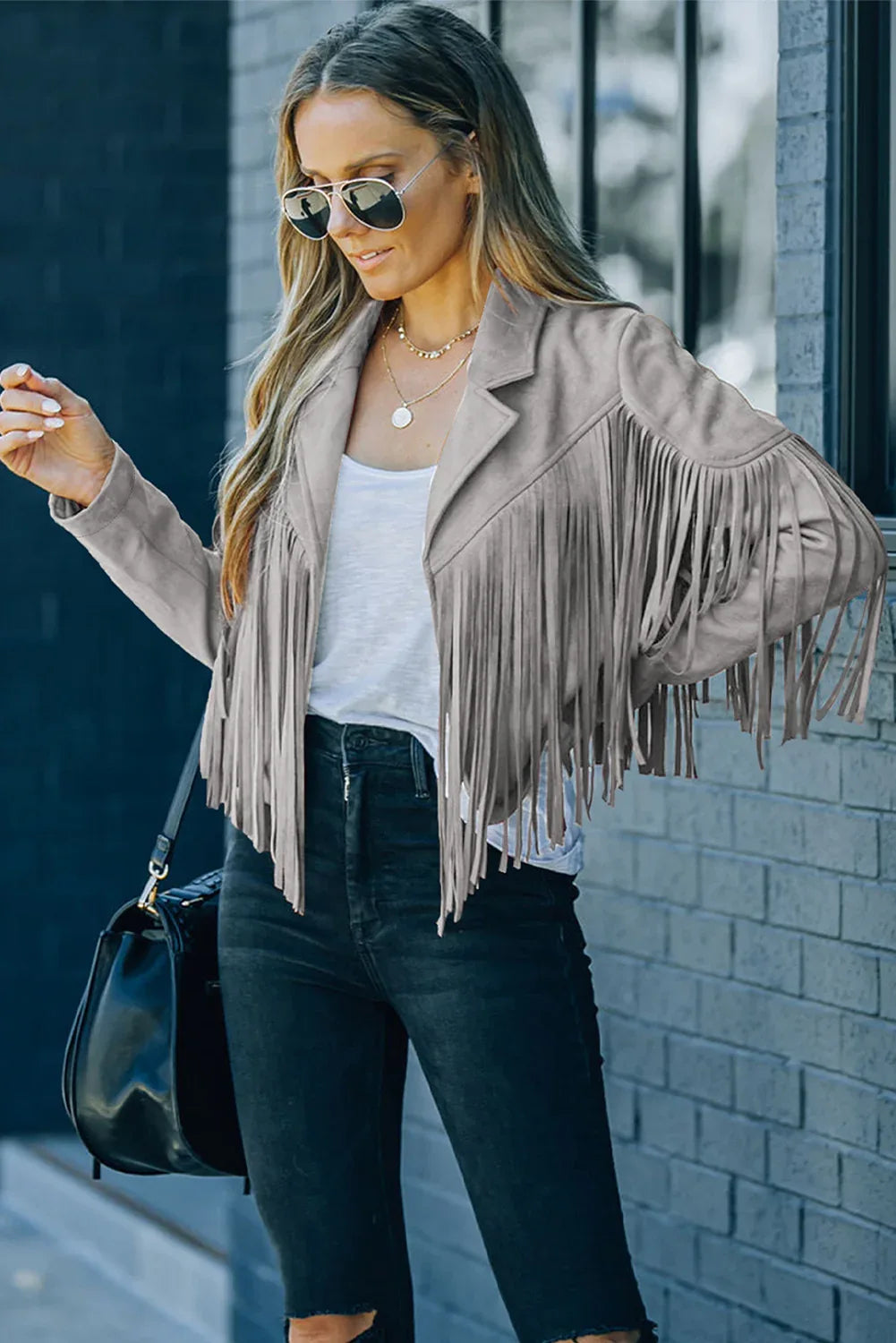 Cropped Fringed Faux Suede Jacket