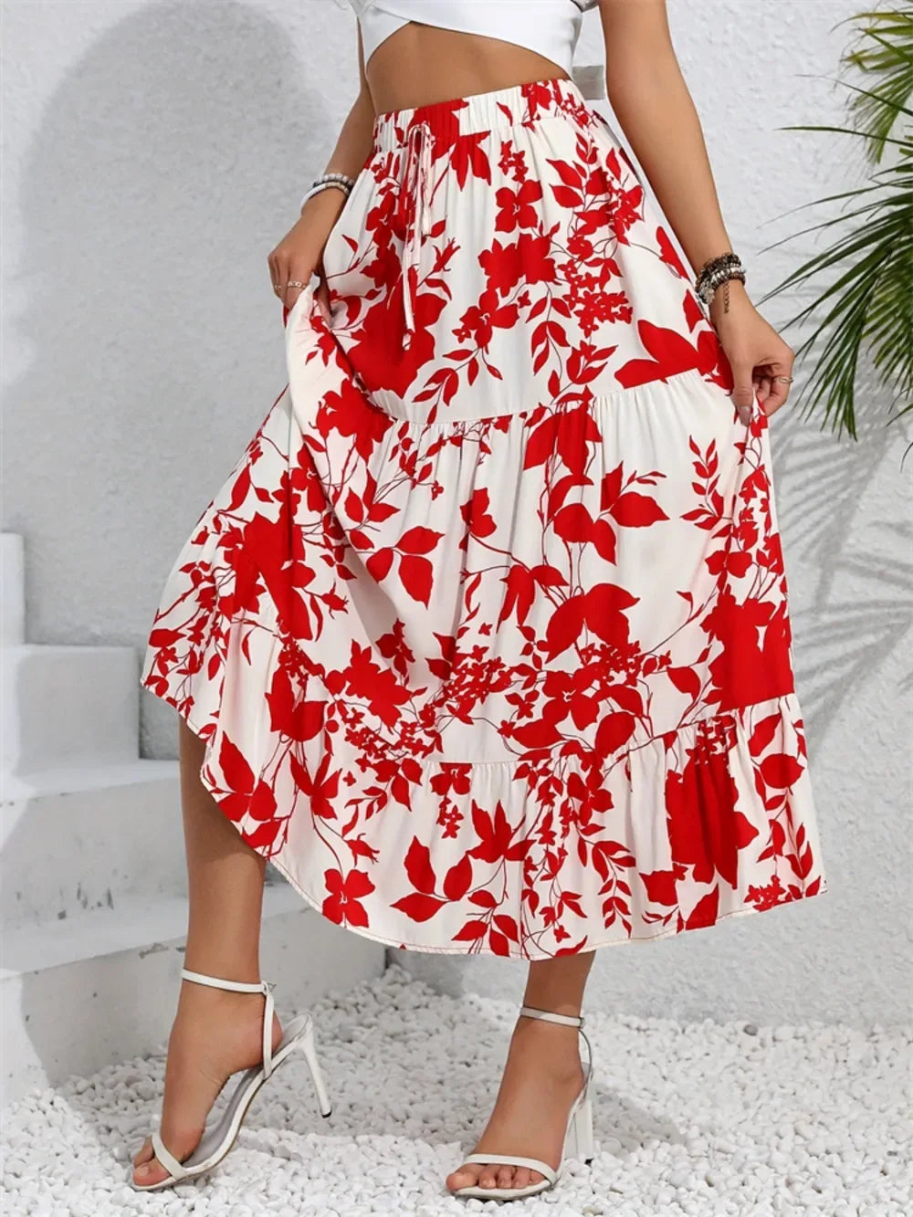 Red and White Ruffled Hem Printed Midi Skirt Trendsi Ruffled Hem Printed Midi Skirt