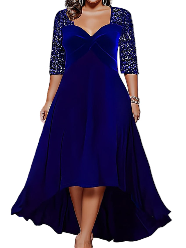 Elegant Sweetheart Neck 3/4 Sequin Sleeve Velvet High Low Midi Dress