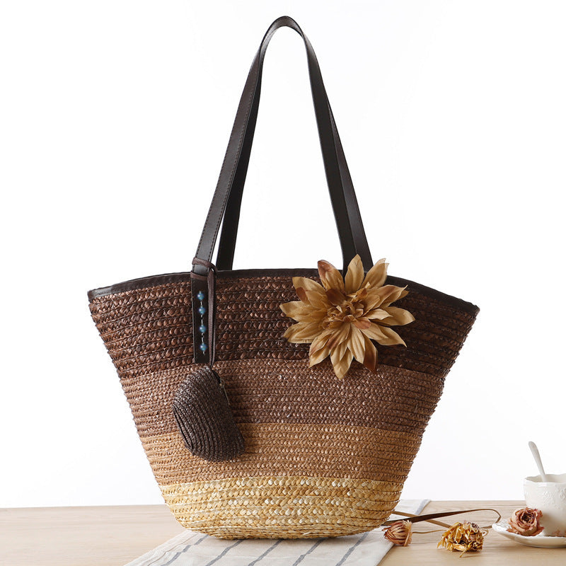 Brown Striped Straw Beach Bag