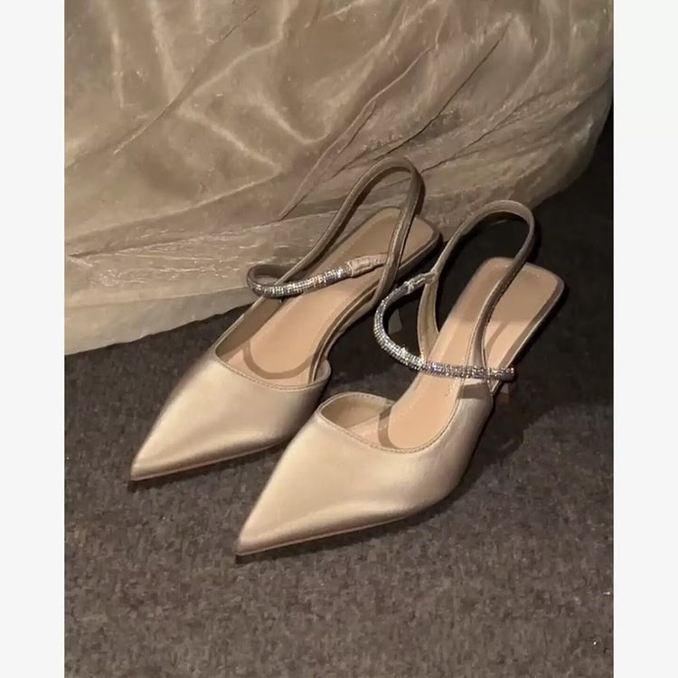 Women’s Rhinestone Chain Pointed Toe Heels – Slim Mid Heel Dress Sandals CJ Dropshipping Pointed Toe Gold Pumps
