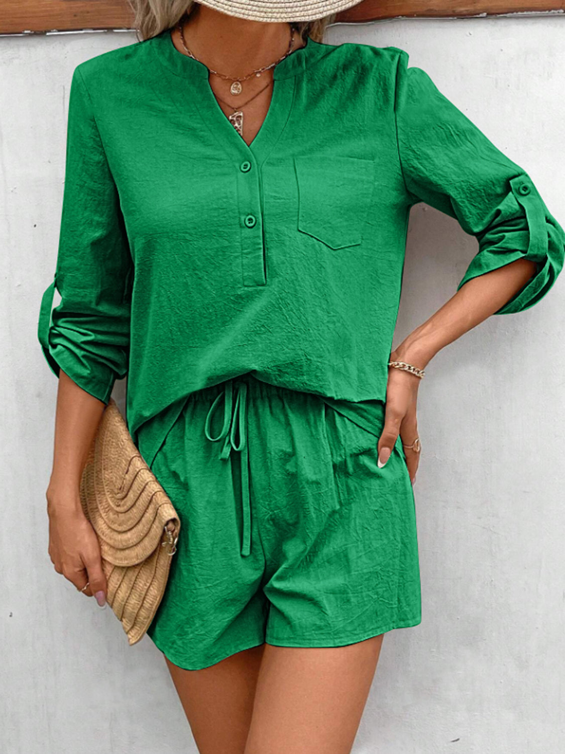 Rolled Long Sleeve Top and Drawstring Shorts Set