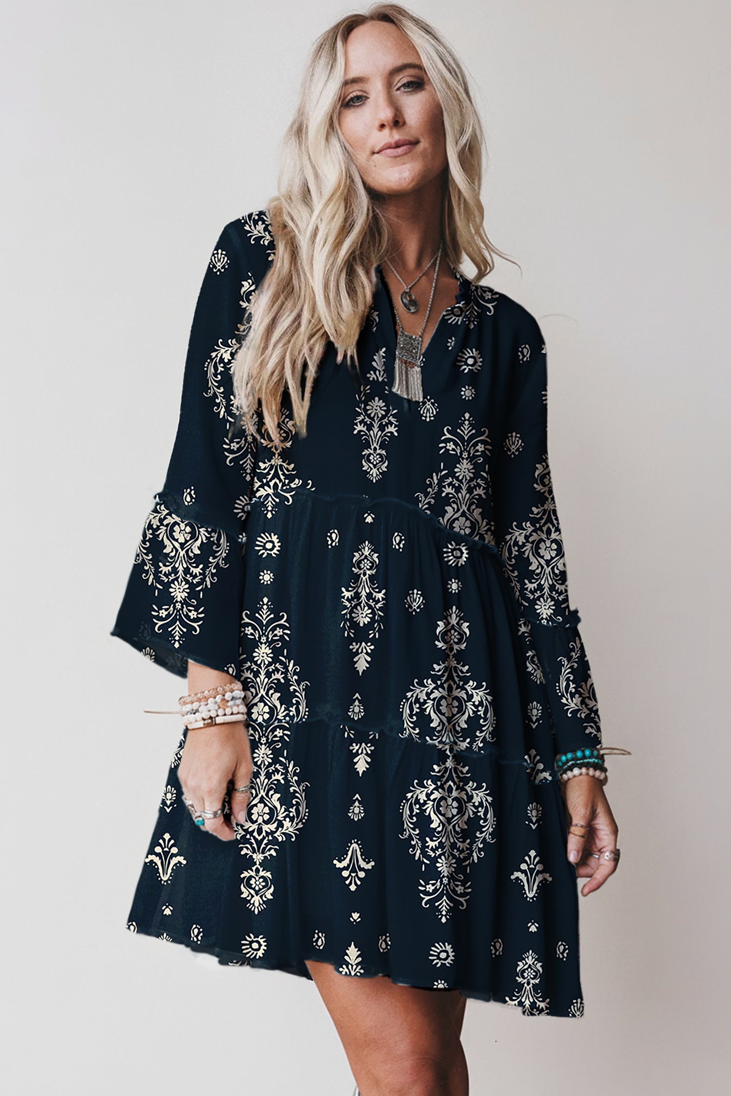 Sky Blue Boho Floral Print Lettuce Trim 3/4 Sleeve Mini Dress Bazaare Mart Dresses/Floral Dresses