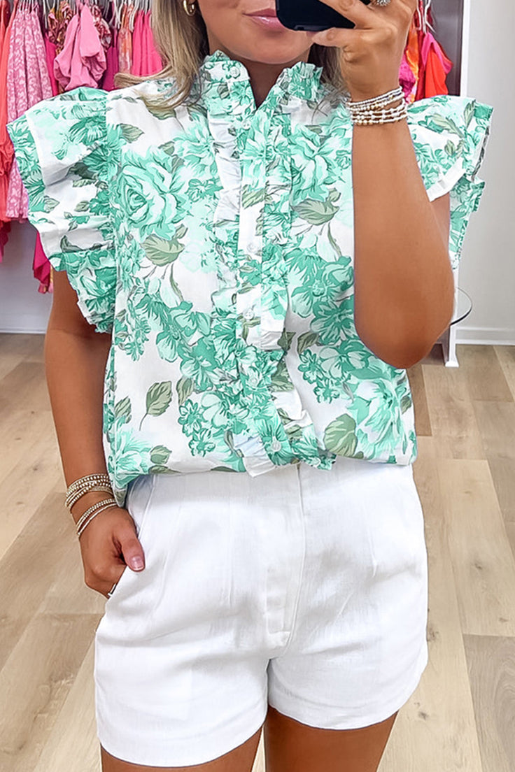 Floral Print Flutter Sleeve Frill Blouse Green 100%Polyester Shewin Blouses