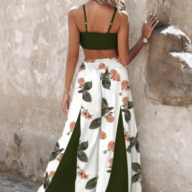 Solid Color Sexy Bralette Top Fashionable Flower Print Contrasting Pleated Pants Two-piece Pants Set Bazaare Mart Army Green Floral Pants Set