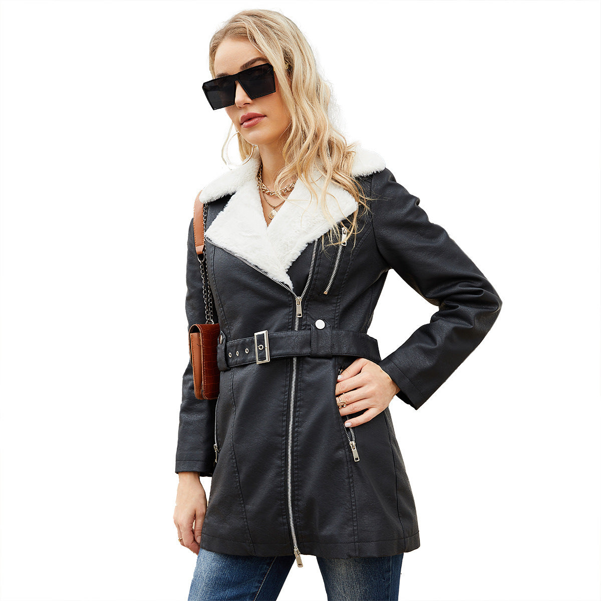PU Leather and Fleece Belted Jacket