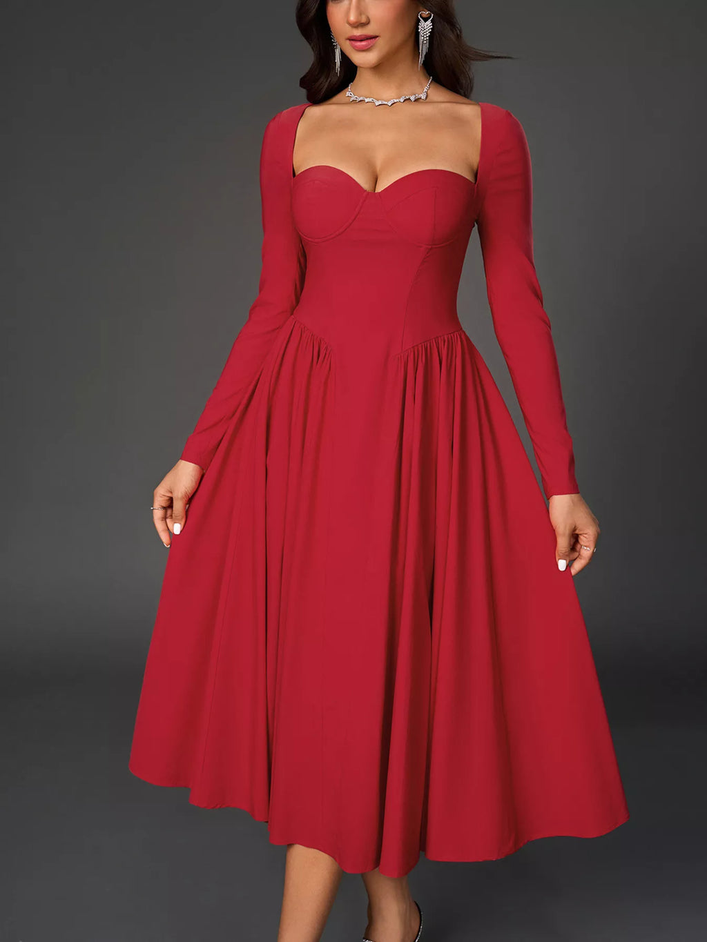 Sweetheart Neckline Long Sleeve A-Line Midi Dress Trendsi Sweetheart Neckline Long Sleeve A-Line Midi