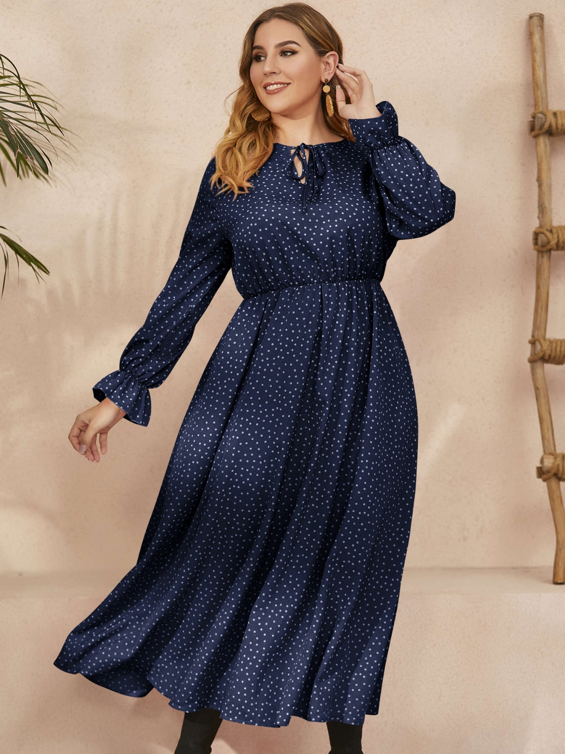 Fall Ruffled Polka Dot Long Sleeve Midi Dress