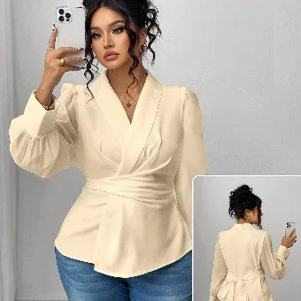 Mesh Semi-Sheer Wrap Button-Front Long Sleeve Blouse Apricot Bazaare Mart Mesh Wrap Long Sleeve Blouse