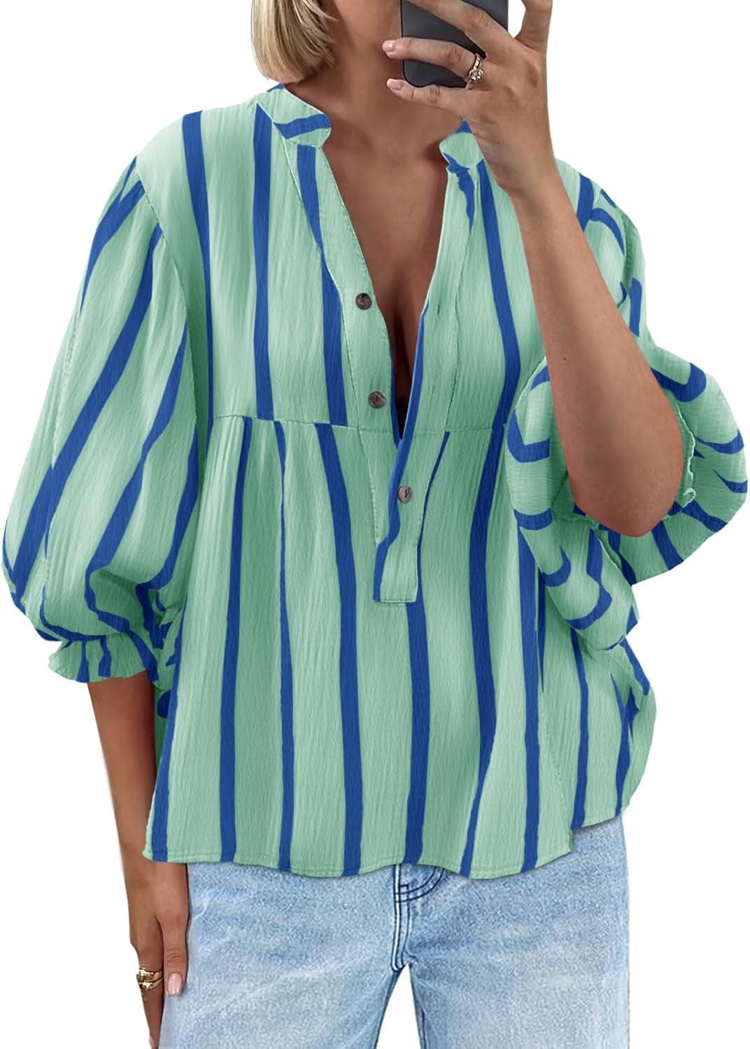 Women’s Striped Puff Sleeve Blouse – Loose Fit 3/4 Sleeve Half Button Top Light Green CJ Dropshipping Wide Vertical Stripe 3/4 Sleeve Shirt
