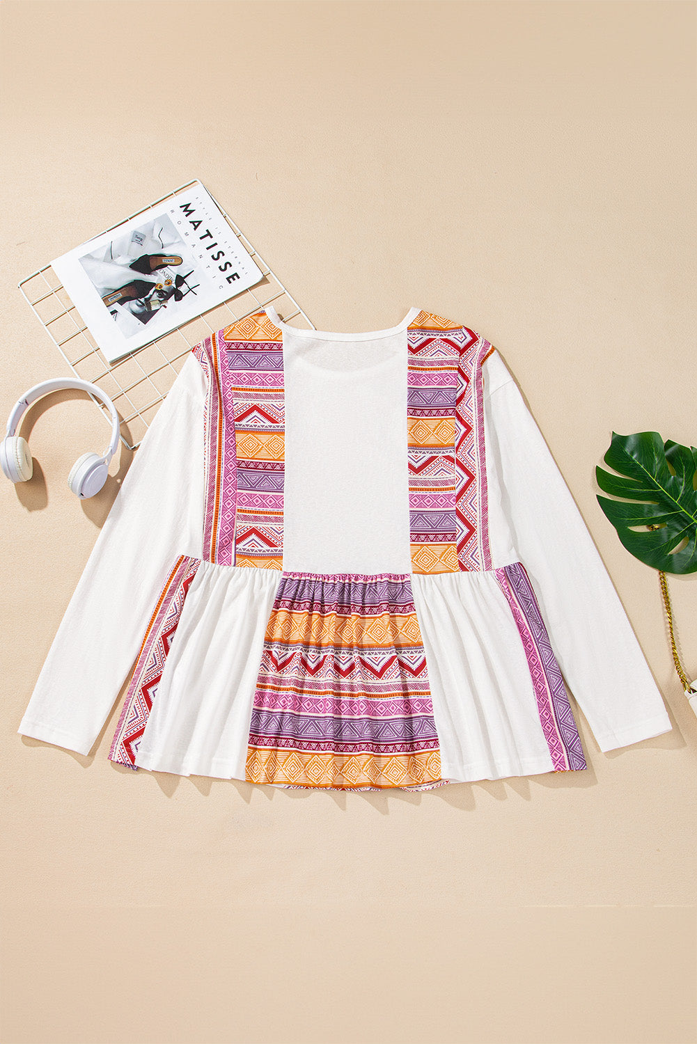 Ivory & Aztec Print Colorblock Long Sleeve Top