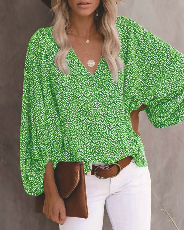 V-Neck Balloon Sleeve Floral Tops