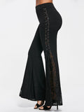 Women’s Black Flared Pants with Lace Trim – Elegant High-Stretch Commuter Black CJ Dropshipping Lace Trim Flared Pants