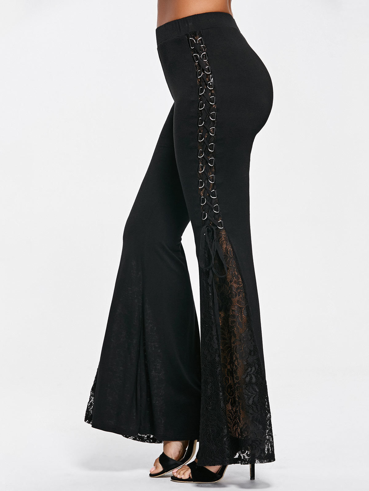 Women’s Black Flared Pants with Lace Trim – Elegant High-Stretch Commuter Black CJ Dropshipping Lace Trim Flared Pants