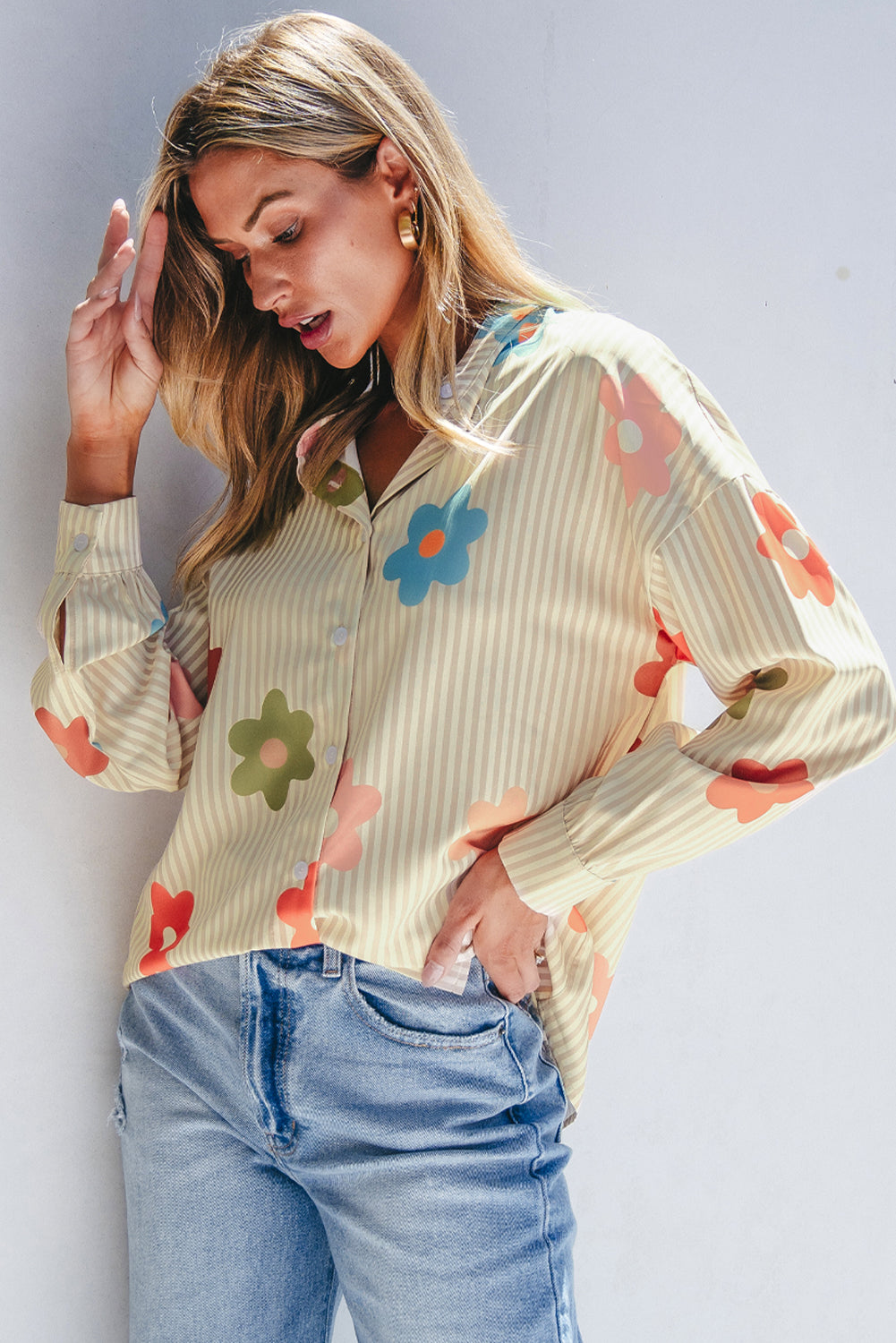 Apricot Stripe Flower Print Collarless Button-up Loose Fit Shirt