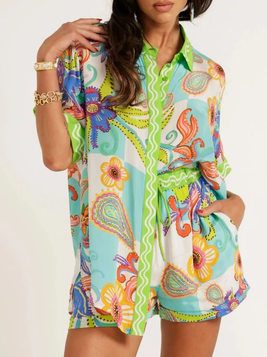 Abstract Button Up Shorts Set Lime Bazaare Mart Button Up Half Sleeve Top and Shorts Set