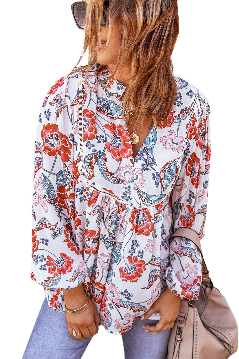 White Split Neck Long Sleeve Retro Floral Top