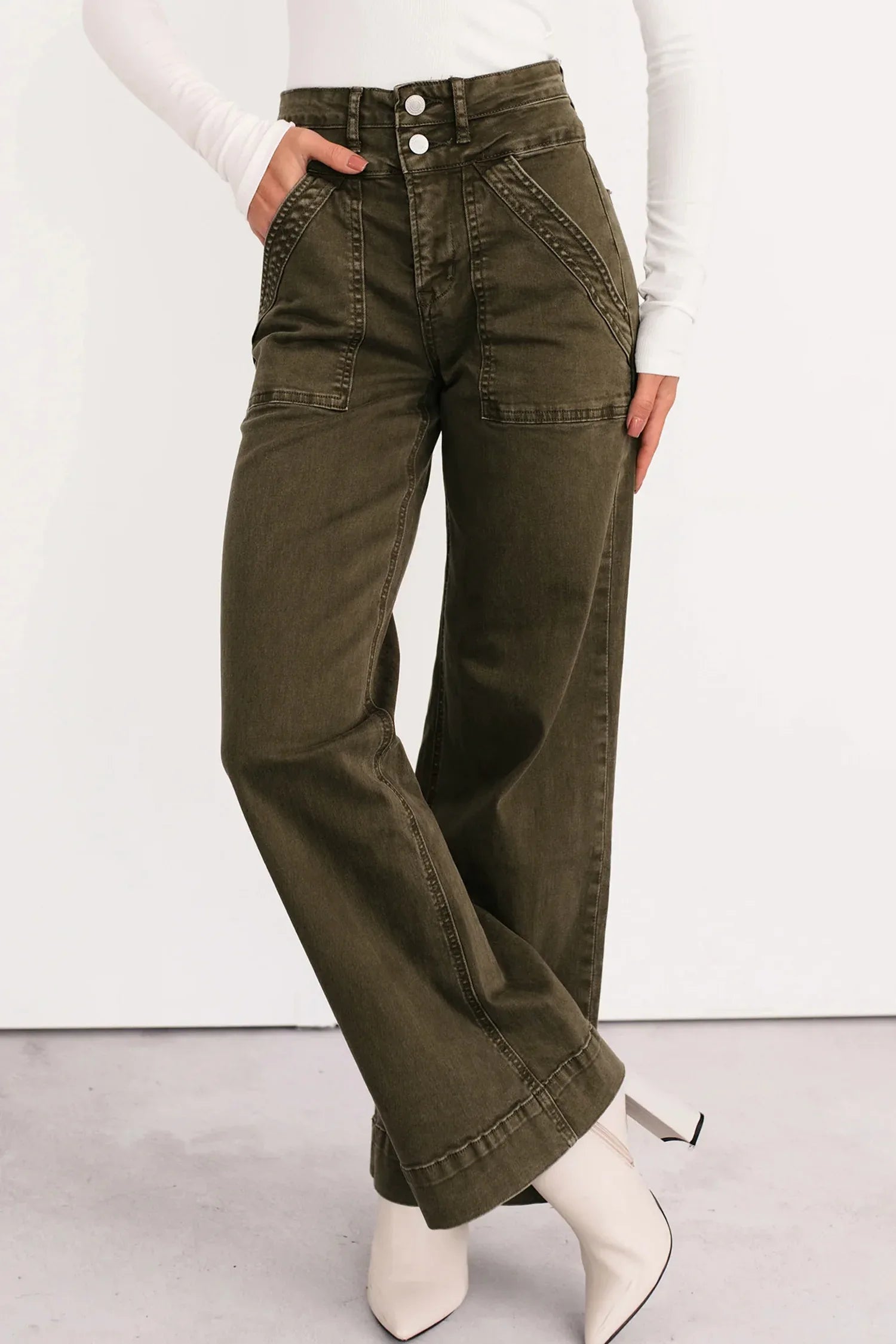 Army Green Double Waistband Loose Straight Jeans Bazarre Mart Bottoms/Jeans