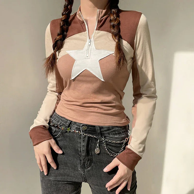 Star Color Block Long Sleeve Top CJ Dropshipping Long Sleeve Star Tee