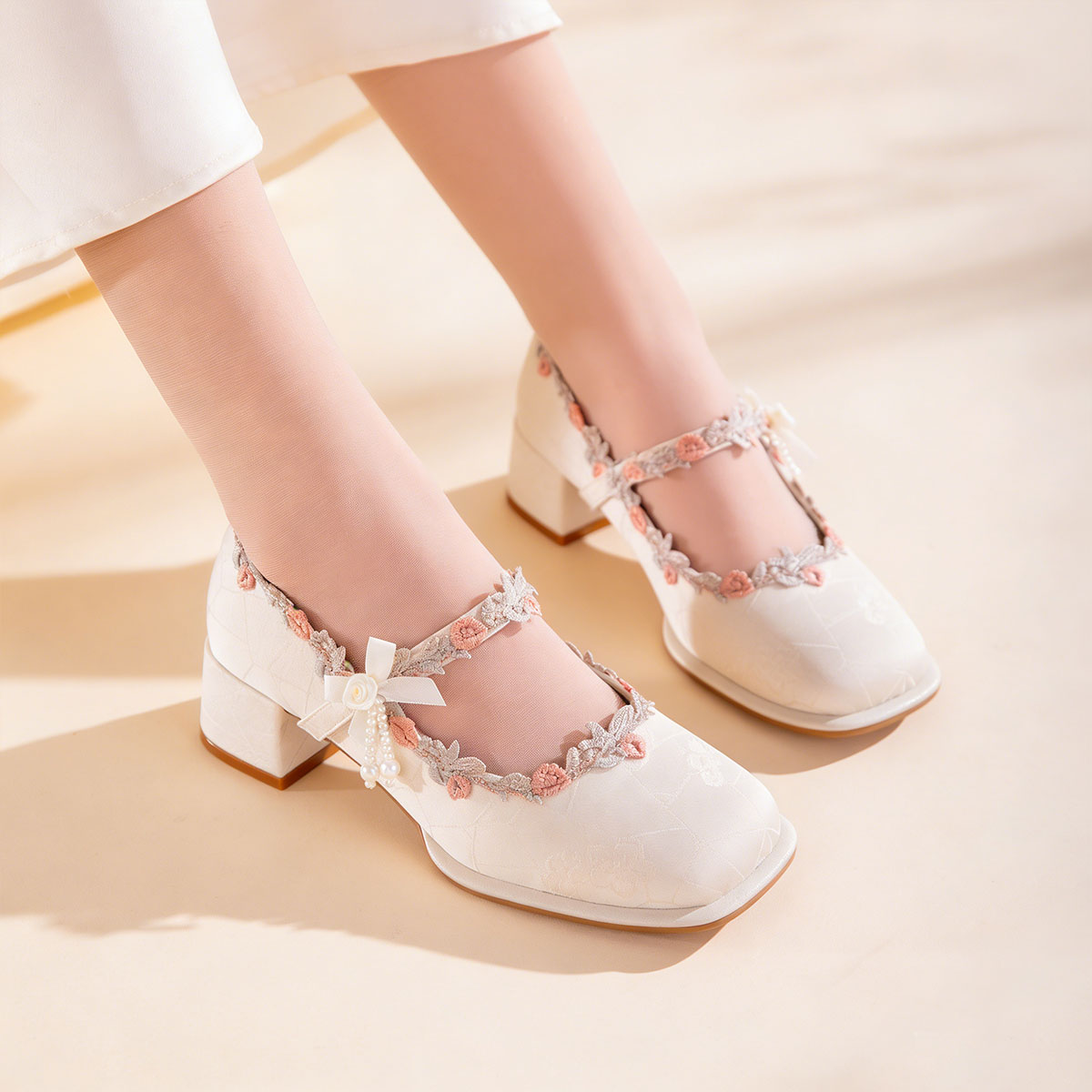 Oriental Jacquard Satin Mary Jane Heels – Embroidered Pearl Square Toe Dress Shoes CJ Dropshipping Flower Girl Shoes