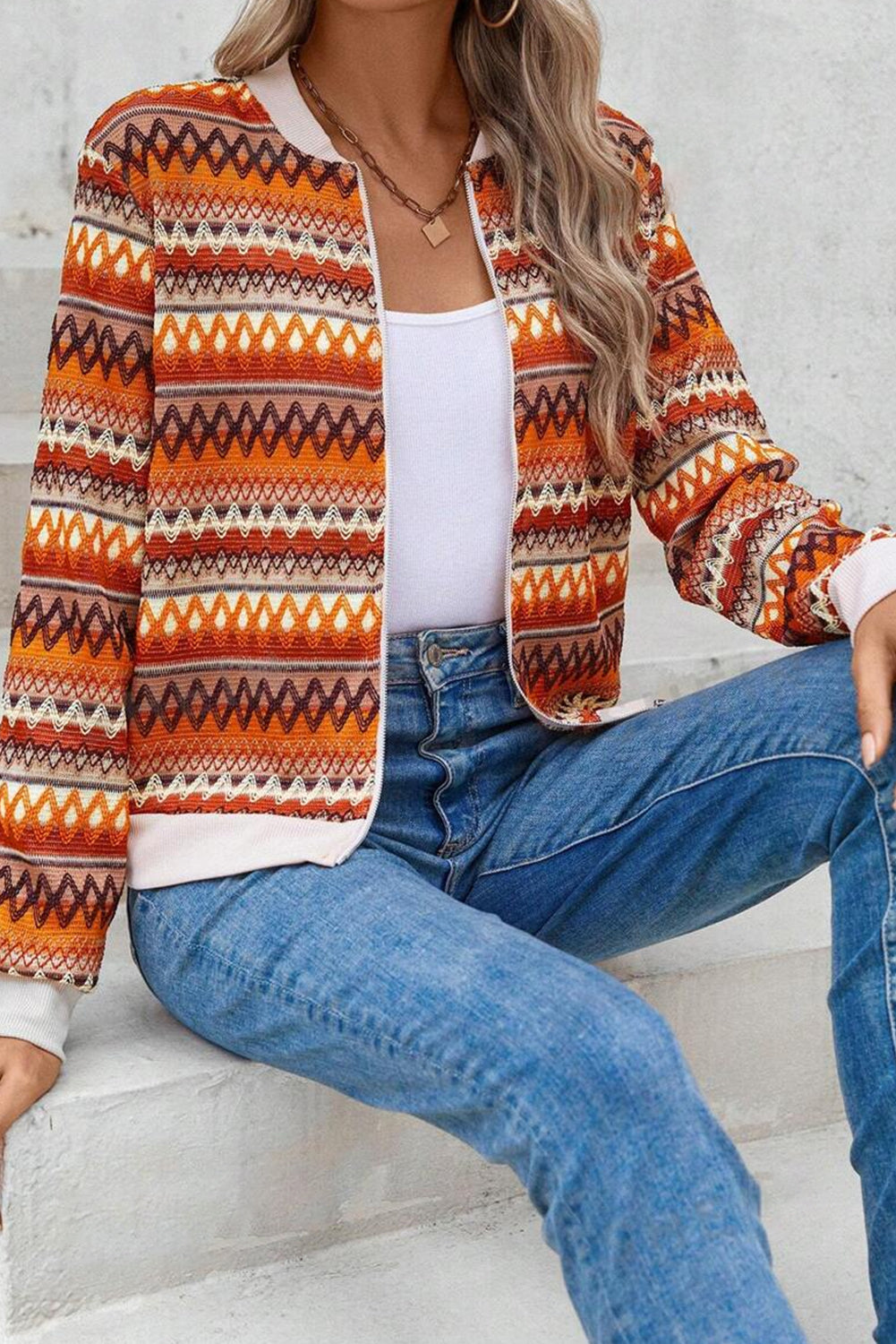 Orange Boho Striped Zip Up Jacket