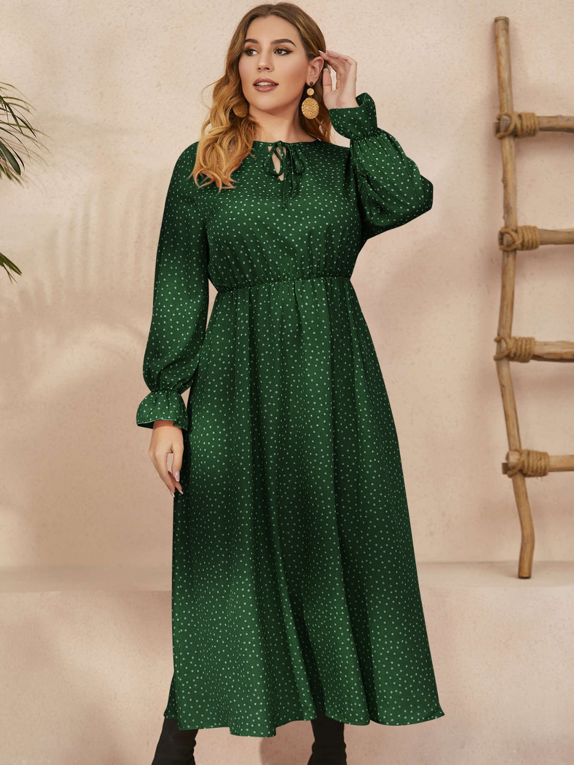 Green Ruffled Polka Dot Long Sleeve Midi Dress