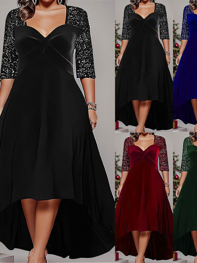 Elegant Sweetheart Neck 3/4 Sequin Sleeve Velvet High Low Midi Dress
