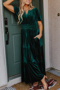 Evergreen Velvet Short Sleeve Shirred Waist Tiered Maxi Dress Evergreen 95%Polyester+5%Elastane Bazaare Mart Dresses/Maxi Dresses
