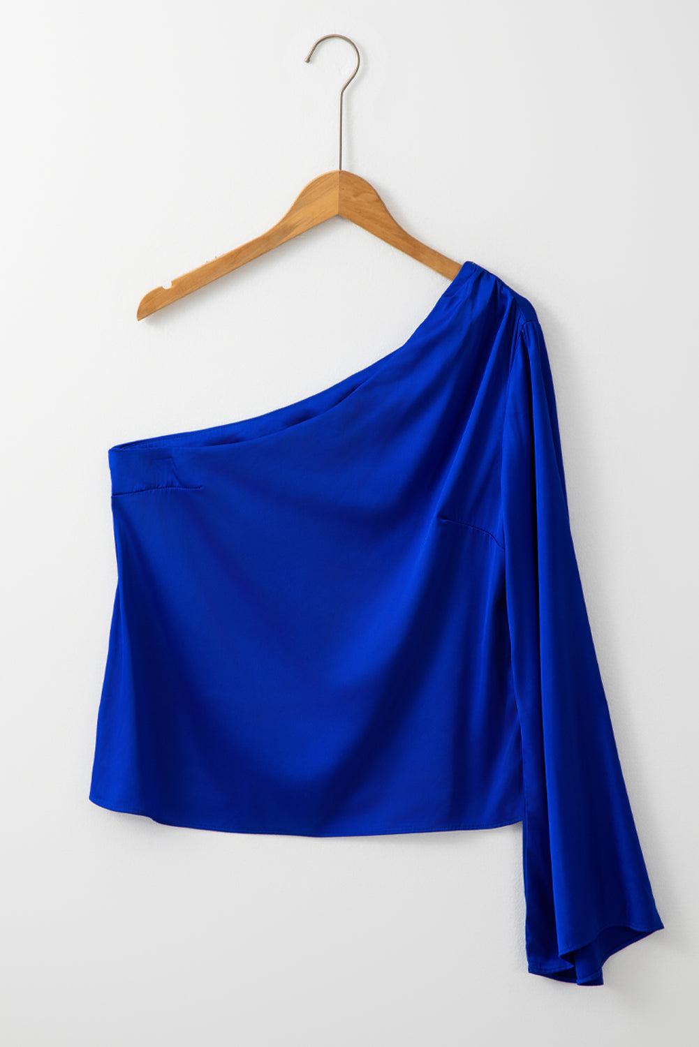 Royal Blue Asymmetric Bell Sleeve Satin Blouse