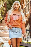 Orange Sequined Pumpkin Ribbed Round Neck Sweatshirt