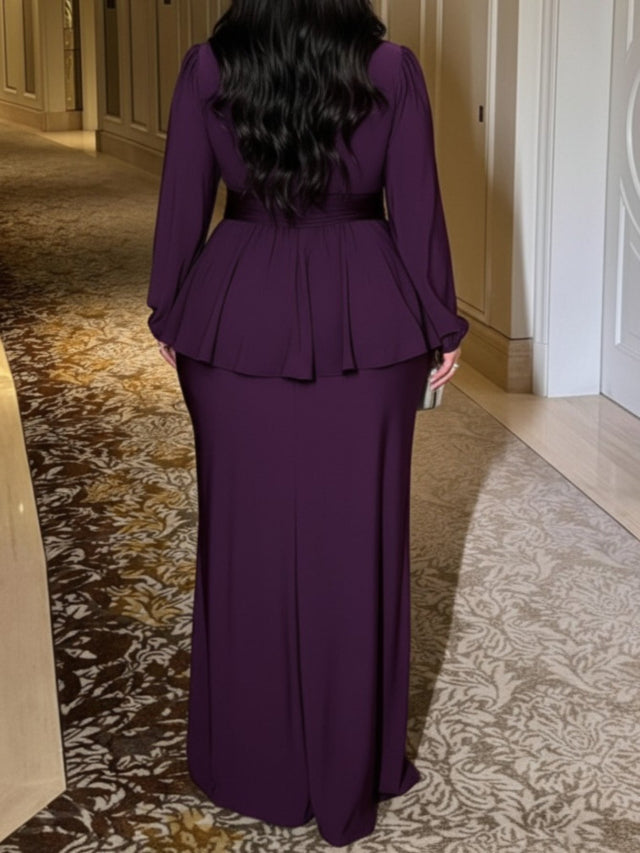 Purple V-Neck Peplum Belted Top + Maxi Skirt 2pc Set