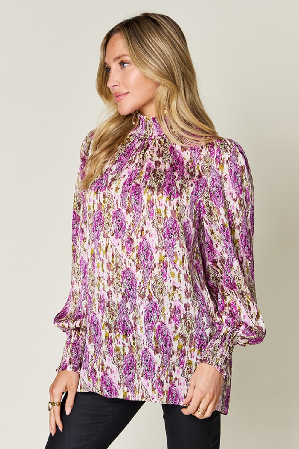 Abstract Smocked High Neck Long Sleeve Blouse