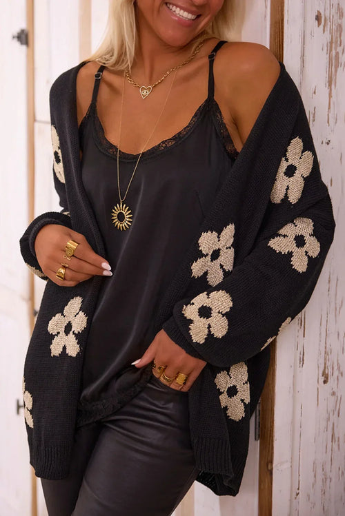 Black Floral Print Knitted Open Front Loose Cardigan Black 55%Acrylic+45%Cotton Bazaare Mart Sweaters & Cardigans/Cardigans