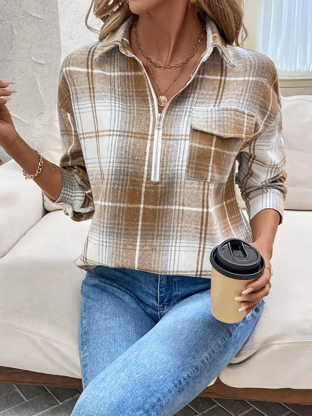 Plaid Collared Neck Half Zip Long Sleeve Top Trendsi Plaid Shirt