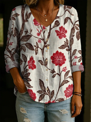 Women’s Floral Henley Top – 3/4 Sleeve 3D Printed Casual Blouse 1 Style CJ Dropshipping Floral 3D Printed Ladies' Henley Shirt