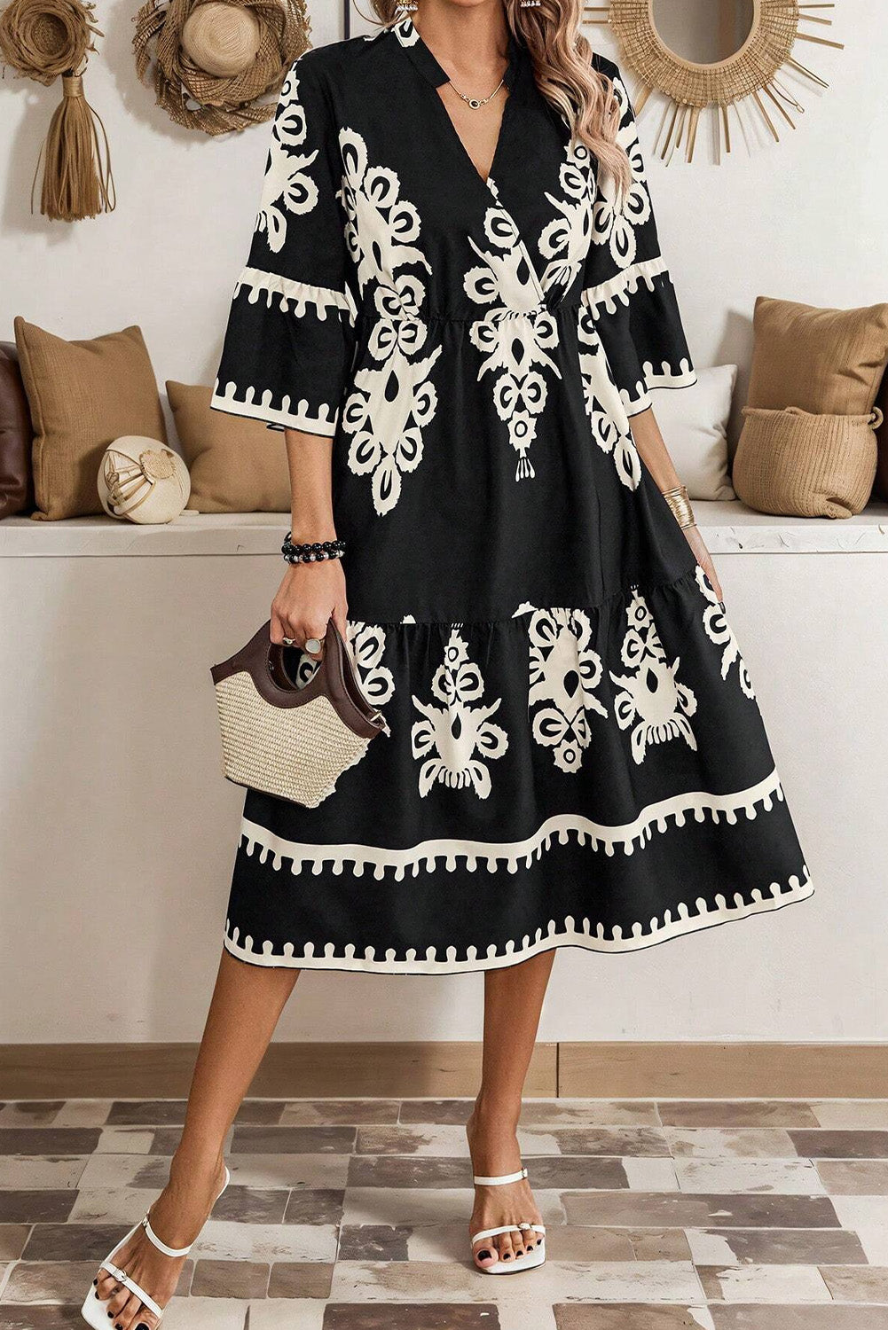 B&W Boho 3/4 Sleeve Loose Midi Dress