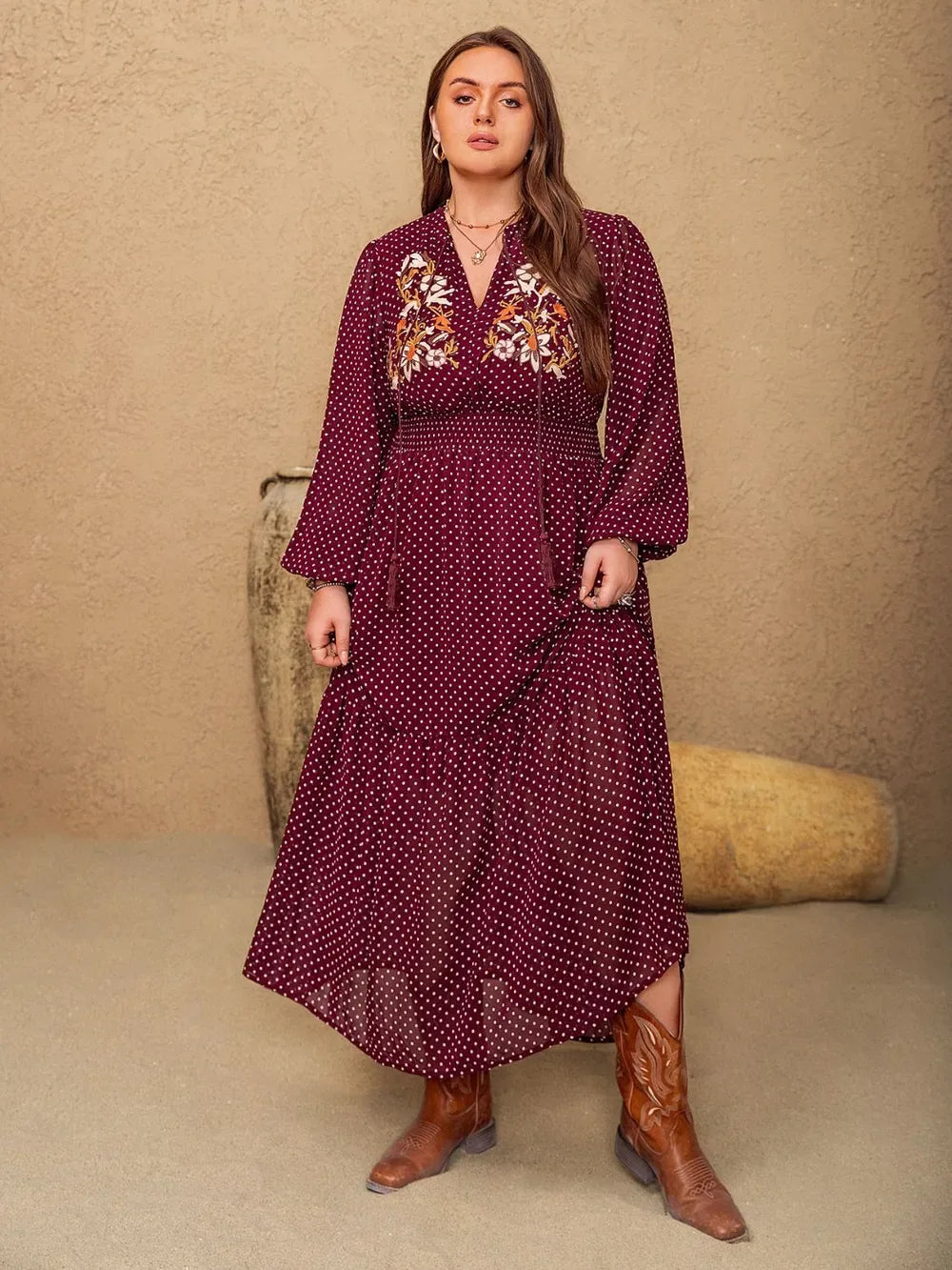 Embroidered Polka Dot Tie Neck Long Sleeve Midi Dress Bazarre Mart Long Sleeve Polka Dot Midi Dress