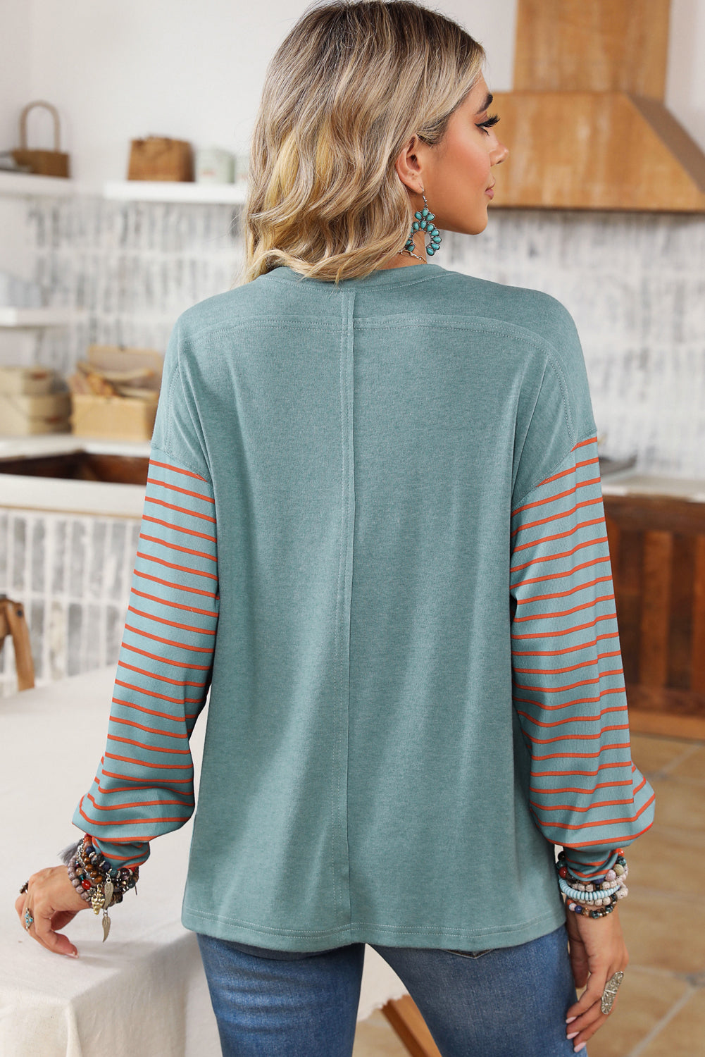 Green Colorblock Striped Bishop Sleeve Top